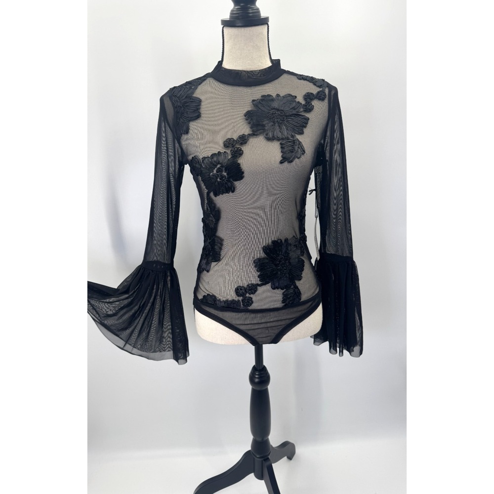 Haute Monde Bodysuit Sheer Large Whimsigoth Lace Embroidered Flare Sleeve Mesh
